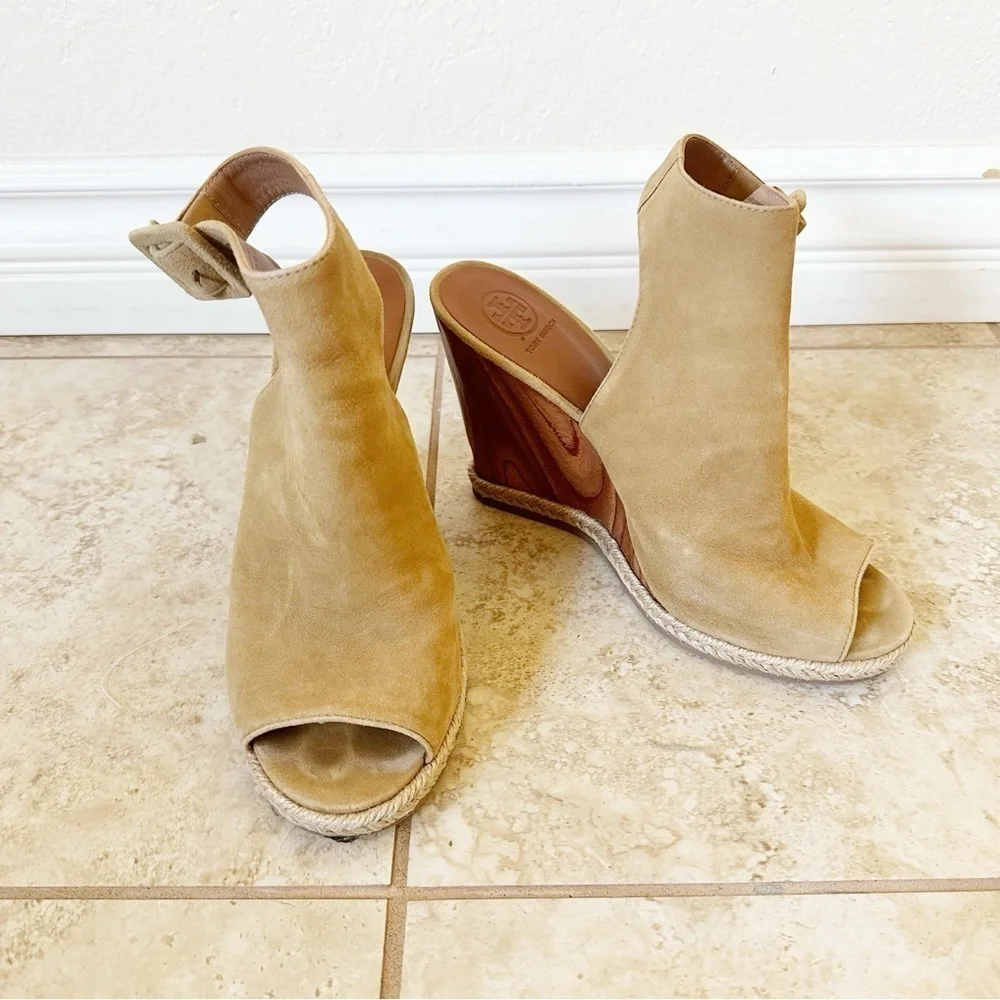 Tory Burch Tan Suede Open-Toe Wedge Sandals